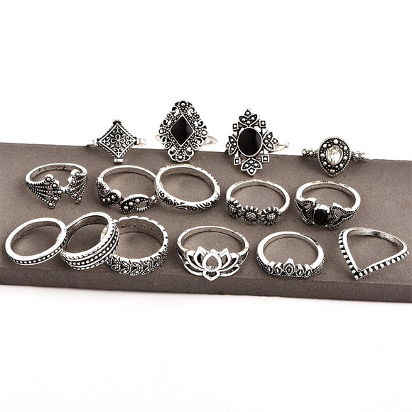 15 Piece Silver Bohemian Retro Ring Set - Picture 6 of 6